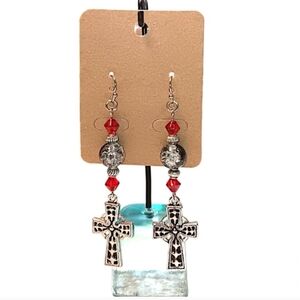 HANDMADE Red, Black, & Silver Celtic Cross Beaded Dangle / Drop Earrings